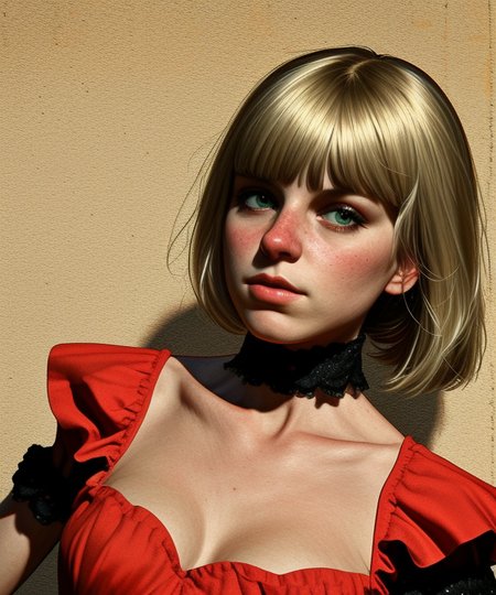 <lora:LCM_LoRA_Weights_SD15:1>
<lora:rogerhaus:1> rogerhaus
mature woman
Honey Blonde hair
frilled corset, frilled sleeves, collarbone, detached collar, 
short hair, blunt bangs,