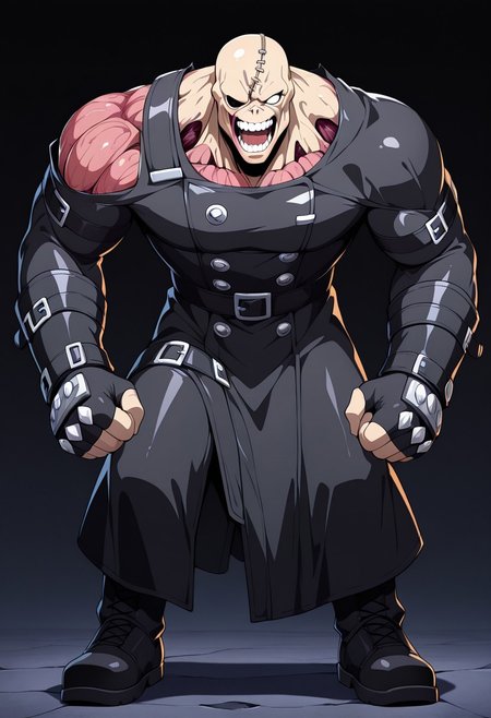 masterpiece, best quality, amazing quality, very aesthetic, absurdres, newest,shiny skin,, anime screenshot,  anime coloring, NemesisRE3, Black boots, black bodysuit, long black leather coat with buckles and straps, strapped gauntlets, stitched flesh, exposed teeth, white eyes, fleshy, male, stitches, muscular, monster, one eyed, bald,
simple background,  black background,   open mouth, looking at viewer, xdive, Serious expression, Full body,