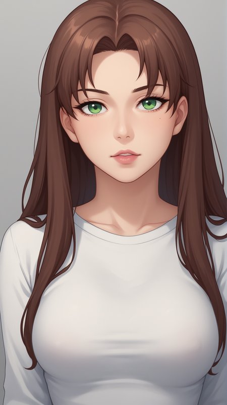score_9, score_8_up, score_7_up, BREAK source_anime, best quality, masterpiece, ultra detailed, SFW
<lora:Everlasting_Summer_Olga_by_GraffMetal V1:0.7> olga, green eyes, brown hair, long hair, 1girl, solo, lips, mature, fit body, skinny, medium breasts, straight hair
serious face, 
pink lips, black eyeliner cat eye, white shirt,
amazing background, looking at the camera, looking at the viewer, black background, simple background, close-up,