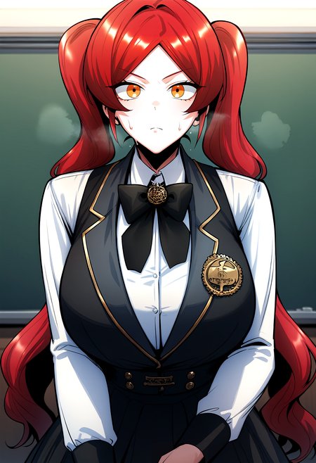 score_9, score_8_up, score_7_up, score_6_up, source_anime, rating_explicit, <lora:neg4all_bdsqlsz_V3.5:2.0>1girl, (solo:1.2), huge breasts, <lora:Tacieponyxl:1> twintails, red hair, long hair, orange eyes, parted bangs, yellow eyes, black bow, bowtie, black vest, white shirt, collared shirt, long sleeves, black skirt, expressionless, Narrow shoulders, sweat, heavy breathing, steaming body, classroom, indoor, looking at viewer