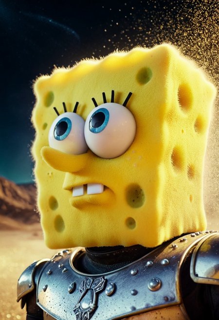 pop art, floating dust particles, visible dust in light rays, vintage dusty atmosphere, cinematic quality, closeup, a glamour shot of SpongeBob, metallic Finish Armor, scenery, glowing eye, wild mane, monochrome Sin City styled duotoned color graded, deep Blacks, very detailed, atmospheric haze, Film grain, cinematic film still, shallow depth of field, highly detailed, high budget, cinemascope, moody, epic, Like a DonMS4kur4XL blossom Rain but its ash,