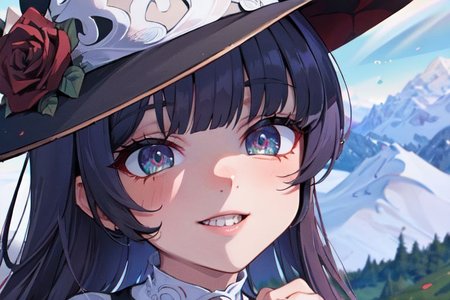 (masterpiece:1.4), 4K8K, (anime style), (high shutterspeed:1.4), (sharp edges), 
SyFyEye1, 
1woman  hands togather,  leaning foward, face focus, smile, 
wearing Celtic style dress, (Detailed face, Detailed eyes), 
any colored roses, Alps in the background,