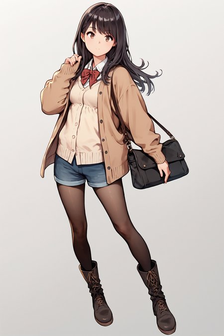score_9, score_8_up, score_7_up,  source_anime, 1girl, pantyhose, long hair,   brown eyes, black hair, boots, cardigan, white background, shorts, simple background, looking at viewer, bag
,  <lora:Inoue_Kiyoshirou_PonyXL_dim24:1>