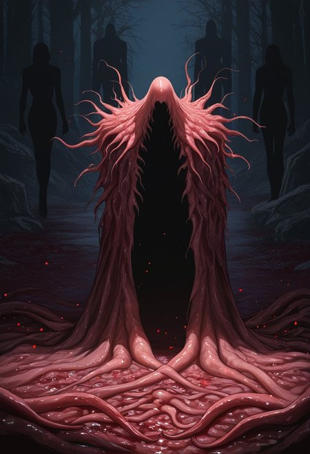 MASTERPIECE, AMAZING QUALITY, 3NDL3SS,  MONSTER SILHOUETTE, FLESH CLOAK, BLOODY, RED PARTICLES, TOMB