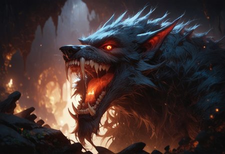 score_9, score_8_up, score_7_up, score_6_up, ,  , volumetric lighting,  ,, gothic  , gorgeous view, , , , , looking at viewer, located in a cave, dark cavern,  werewolf, teeth, saliva, muscles