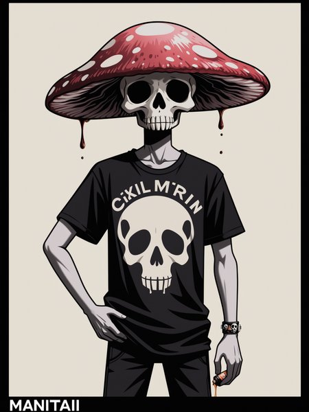 tshirt design photo, oil pastel on canvas, flat vector art, logo, skull and trippy mushroom, Amanita <lora:d\EnvyOilPastelXL01:1> <lora:SDXL1.0_DarkestDungeon-v1.2:1>