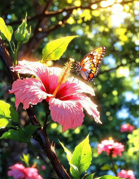 serene, sun-drenched nature macro close up photograph in anime style. Picture a pale pink hibiscus flower in full bloom, with delicate veined petals and a prominent yellow pistil.  A butterfly with patterned wings in shades of orange, white, and brown is delicately landing on the edge of the flower. The flower and butterfly are positioned on a brown branch that cuts diagonally across the frame. Bright sunlight streams from the top right, casting rays of light through the surrounding green leaves and branches, which are softly blurred in the background. The overall scene is warm, inviting, and focused on the delicate beauty of nature, <lora:aidmaMJ6.1_v0.5_3:0.7>, <lora:Vibrantly_sharp_style_v.2:1>, <lora:Cozy_Paradise:0.8>, <lora:RetroAnimeFluxV1:0.4>
