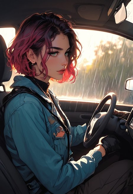 masterpiece,best quality, highly detailed, score_9, score_8_up, score_7_up, score_6_up, source_cartoon,
 BREAK
1MILF, leather driver gloves, (car backseat: grocery bags, child seat) grinding on his lap  
BREAK  
steering wheel visible through windshield, handprint fog on glass  
BREAK  
dashboard clock closeup (4:32 PM), rain streaks on windows  
 BREAK
dynamic light, warm_light, vibrant colors warm_colors, soft focus, high contrast, textured surfaces, depth of field, golden hour lighting, dramatic shadows, rich details, nature-inspired color palette, playful composition.
,dynamic angle,dynamic light,background,