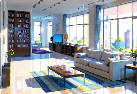 ((front view)), (Close-Up View), (Rule of Thirds), ((animation style)), A room with wide sides and narrow front and back, modern-style interior, with white walls, ((large windows)), a  study, Sofa, coffee table, bookcase, single wall, 
warm light morning sun, (((City high-rise building scenery))), (clear sky)