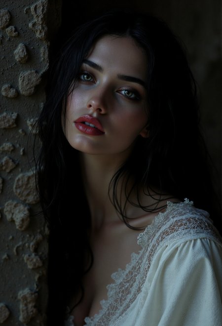 cinematic still hyperrealistic art A mesmerizing image capturing the essence of timeless gothic dangerous beauty ---- , Her beauty was extraordinary. Her hair was black as ebony, and her large eyes had the soft, melancholy splendor that made one feel as if they could pierce the very soul. Her lips were red, full, and slightly curved, always on the edge of a secret smile. Her skin was pale, smooth as polished ivory, almost luminous in the dim light. She moved with an elegant languor, every gesture deliberate and entrancing, as if she were a dream half-formed. But there was a weight in her gaze, something ancient and heavy, that made her beauty as unsettling as it was captivating,
gothic fantasy art,austrian vampire woman , Youthful Beauty, beautifully messy long black hair,, seductive,flowing loose dress soft pale in color, cleavage, dynamic pose, , slim white body, pale skin, curvy body, athletic body, blush, slim waist, seductive image,serene, untouched beauty, clear, lively, detailed face, upper body accent,full red lips and makeup , dark soft eyes, seductive look, realistic, background of a dark a highly detailed remote dimly lit dark castle ,predatory gaze. high contrast, stark, dramatic, highly detailed,silhouette style
. emotional, harmonious, vignette, highly detailed, high budget, bokeh, cinemascope, moody, epic, gorgeous, film grain, grainy <lora:flux.1_lora_flyway_Epic-detail_v2:0.5> <lora:Sinfully_Stylish_.02_for_FLUX:0.7> <lora:aidmaFLuxPro1.1_v0.3:0.65> aidmafluxpro1.1