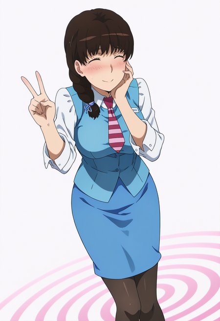 anime screencap, anime coloring, 1girl, solo, mature female <lora:DX888KomachiIL:1> takamiya komachi, mole under eye, ^_^, blush,  , brown hair, single braid, 
office lady, necktie, uniform, pencil skirt, pantyhose BREAK  simple background,  white background, spiral background, BREAK,   dutch angle, dynamic pose, posing,   v,hand on own cheek, from above, upper body,