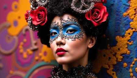 nobody belle mascarade nobody féminine au carnaval de Venise, or et noir, art multimédia structuré surréaliste et inspirant, magnifique super modèle brodé, art de Luzia Caldari, Carne Griffiths et Vanessa Barragao. Fond cohérent, gros plan, coutures dans des couleurs vives, œuvres d'art à effet 3D, peinture vectorielle 3D, mise au point nette, beau, très détaillé, art conceptuel, époustouflant, moléculaire, textures, beauté à couper le souffle, pure perfection, présence divine, inoubliable, impressionnant , beauté à couper le souffle, lumière volumétrique, rayons, reflets de couleurs vives, centrés, symétrie, peint, complexe, éclairage volumétrique, beau chef-d'œuvre riche en couleurs profondes, mise au point nette, ultra détaillée, dans le style de Dan Mumford et Marc Simonetti, astrophotographie, ultra visuels réalistes et époustouflants, complexes, impressionnants FreelancesParis.FR<lora:nobody_6v2_f1.safetensors:1.0:1.0>