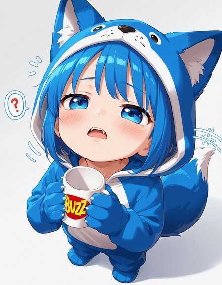 score_9, source_anime, source_furry,  

BREAK 1girl, happy, cute, petite, (chibi:0.65), young, blue hair, blue fox tail, blue animal ears, blush, blue kigurumi, hood down, animal costume, paw shoes, fangs, blue eyes,

BREAK solo, (from above:1.05), parted lips, standing, sad, half-closed eyes, holding cup, hopeless, (empty:1.15) cup, empty mug, head up, (head back, chin up:1.08), (beggar, begging:1.05), 

spoken interrogation mark, motion lines, (white background:1.1),