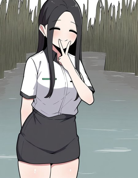 masterpiece, best quality, newest, absurdres, highres, safe,, <lora:yoo-jae-kyung-manhwa-illustriousxl-lora-nochekaiser:1>, yoo jae-kyung, long hair, large breasts, black hair, closed eyes, forehead,, skirt, shirt, white shirt, short sleeves, collared shirt, black skirt, pencil skirt, office lady,, wetland, water, reeds, swamp, wildlife, , v, v over mouth, smug, looking at viewer, solo,, cowboy shot, solo