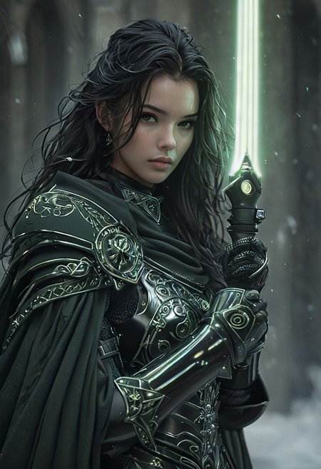 (Star Wars Inquisitor female, menacing stance, detailed facial features:1.5),
(Long, flowing black hair, shinny and wavy with highlights, hair strands blowing in the wind:1.4),
(Hard, powerful black fire neon light saber, with intricate details on the hilt, glowing energy crackling:1.4),
(Collar, cyberpunk-inspired Samurai jacket, with a high neckline, metallic accents and a fitted silhouette:1.3),
(Large, sweeping linen black cape, with a dramatic, flowing motion, detailed stitching and textures:1.6),
(BDSM-inspired harness, accentuating firm, toned breasts, with buckles and straps, leather or latex material:1.2),
(Full body, detailed musculature, anatomically correct, with a dynamic, action-oriented pose:1.0),
High resolution, with crisp, clear details, high quality, 32K or higher, suitable for large-scale printing or display