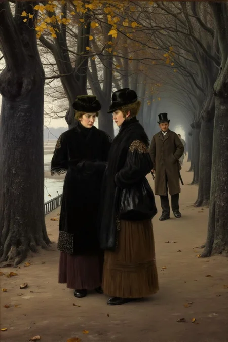 lauritsandersenring1 painting. Two women in long dark dresses and hats stand on a park path. Bare trees with a few yellow leaves line the path. In the background, a man in a top hat walks alone, and people are visible further down. <lora:lauritsandersenring1_cap_d8a4e13:1.0><lora:857031176957764044:0>