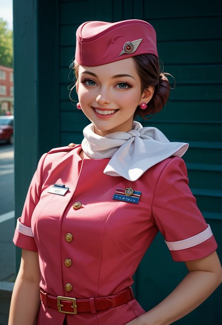 score_9, score_8_up, score_7_up, score_6_up, st3w4rd3ss, solo, pink clothing, contrapposto,  earrings,pink garrison cap, formal, single hair bun, [white scarf], woman, happy,  red belt, short sleeves, looking at viewer, <lora:RSO-42-PDXL:0.8>