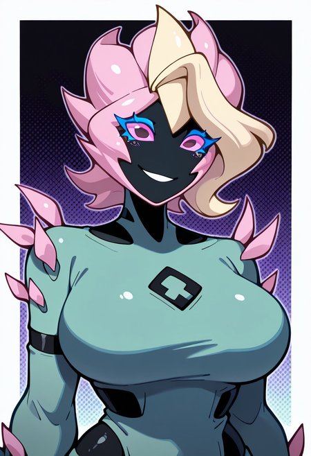masterpiece, best quality, amazing quality, very aesthetic, absurdres, newest, 
 swampfire, colored skin, spikes, colored sclera, 1girl, wild yellow bang, , green skin, pink eyes,, shoulder spikes, pink hair, no humans, smile, smiling,, ((upper body, halftone effect, white borders, abstract background:1.2,))
welith, curvy, busty,