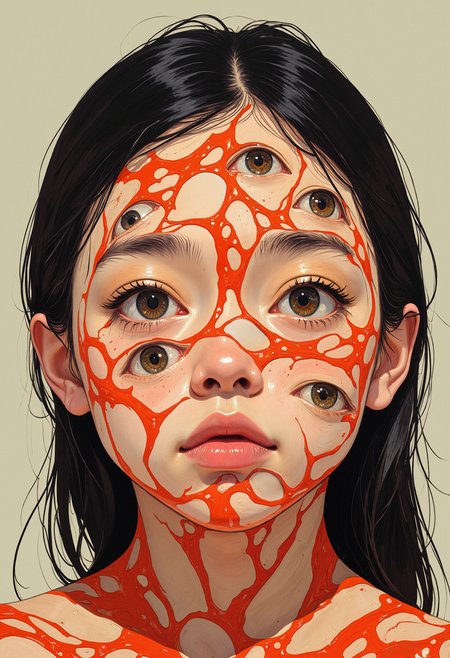 A close-up of a human face painted with a surreal design of red and beige. The face has multiple realistic, floating eyes arranged across the forehead, cheeks, and chin. The eyes are placed within red flowing lines that create an abstract pattern on the skin. The personâs actual eyes are visible but blend into the overall pattern. The individual has straight, black hair. The lighting is even, and the background is plain and neutral, putting all focus on the intricate face design. The style is hyper-realistic with surreal elements.   <lora:FLUX-daubrez-DB4RZ:0.83> DB4RZ, DB4RZ style painting, <lora:ILLUSTRATION_2_FLUX v2:0.53> <lora:Fantastic Realism - s0_8 g4:0.43> f4nt4st1c,