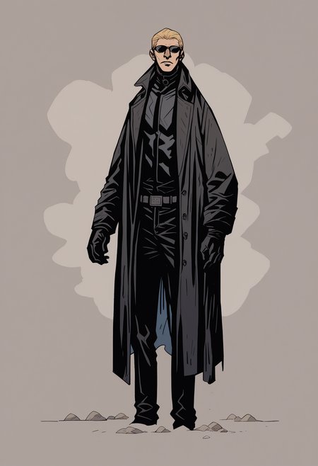 score_9, score_up_7, <lora:Mike_Mignola-guy90-Pony-Lycorisv1:1> alomik, 1boy, solo, <lora:albertwesker-guy-PONYv1:0.8> albertwesker, black gloves, sunglasses, belt, pants, long coat, trench coat, black coat, black pants