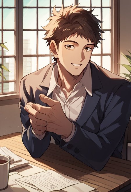 score_9, score_8_up, score_7_up, source_anime, rating_safe, table, Serimob, 1boy, male focus, smile, hands with five fingers, looking at viewer,
