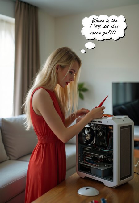 Cinematic film still a woman in a red dress is working on a computer with a red light on it and wires running through the top of the machine, Beeple, technology, a stock photo, computer art. Thought bubble says Where in the F**k did that screw go?!!! . Elegant pose, a stock photo, romanticism, concept art, shallow depth of field, vignette, highly detailed, high budget, bokeh, cinemascope, moody, epic, gorgeous, flux-style, film grain, grainy. <lora:add-detail-xl:.5> <lora:Flux-style-xl-lora:.5>