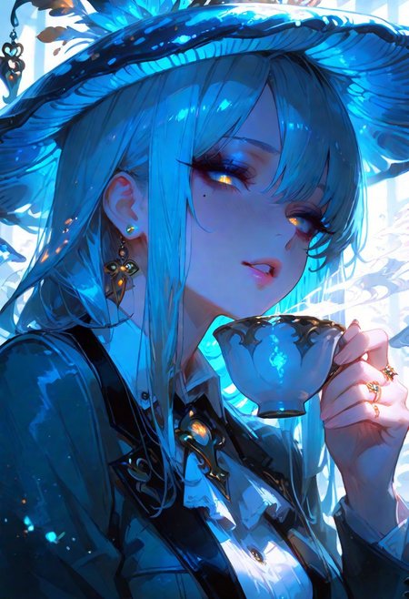 masterpiece, best quality, hyper-realistic, ultra-HD, intricate textures, luminous lighting, cinematic ambiance, shimmering gradients, ethereal glow, deep contrast, soft volumetric fog, subtle particles, radiant reflections, rich color tones, seductive atmosphere, captivating sensuality, Cinematic Lighting,Shadow,backlit, backlighting, 
BREAK
plump glossy lips, flushed cheeks, alluring expression,
BREAK
raytracing, volumetric lighting, ambient occlusion, shimmering particles in the air, intricate cinematic background,intimate and seductive, crafted to captivate and seduce.
BREAK
(sexy, slutty, hot, aroused)
Mad Hatter, mushroom hat, teacup, suit, blue theme,
BREAK
long_hair, looking_at_viewer, holding, jewelry, earrings, parted_lips, finger nails, eyelashes, lips, mole_under_eye, makeup, ring, close-up, stud_earrings, mascara,