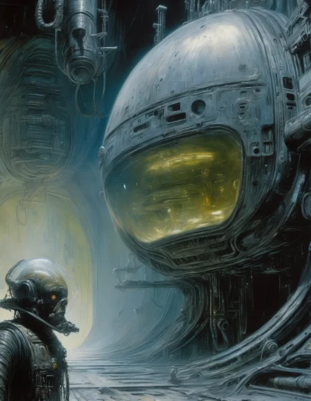 "Close-up, front-facing view of a scavenger, his face reflecting horror, within the chilling confines of a derelict space station. Sharp contrasts, lavishly intricate, drawing from H.R. Giger", surrealism, weird and pissed off, oil on canvas, dry brush, <lora:John Berkey Style:0.9>, John Berkey Style