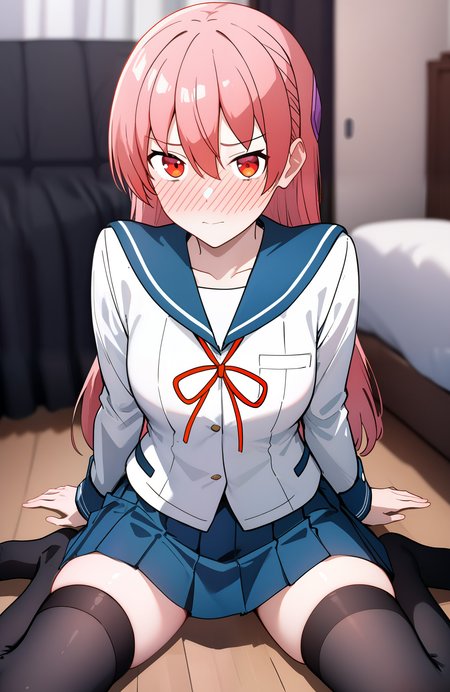 masterpiece,best quality,very aesthetic,absurdres,
1girl,tsukasa_yuzaki,long hair,pink hair,[red hair],red eyes,bangs,hair between eyes,blush,embarrassed,sitting,wariza,on floor,arm support,serafuku,school uniform,long sleeves,shirt,white shirt,sailor collar,blue sailor collar,ribbon,neck ribbon,red ribbon,skirt,blue skirt,pleated skirt,thighhighs,black thighhighs,indoors,bedroom background,bedroom photo,blurry background,looking at viewer,front view,<lora:TsukasaYuzaki_illu:1>,