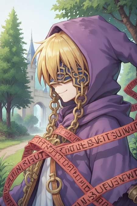 (score_9, score_8_up, score_7_up, score_6_up), source anime, BREAK, solo,  <lora:Nessiah-000013:0.85> , nesdef, 1boy, blonde hair, mask, covered eyes, hooded robe, hood up, robe, purple robe, caution tape, red caution tape, chain, cuffs, exterior, forest, trees, fortress, castle, (from side), (profile), smile, closed mouth,  <lora:zy_Detailed_Backgrounds_v1:0.5> , detailed background, highly detailed,   <lora:backgroundsetXL:0.4> , background,  <lora:m4gXLP:0.6> , m4g,