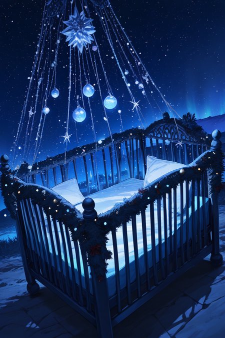 realistic shading, dim lighting, dacrib, christmas-crib focus, dacrib_christmas ornaments, no humans, outdoors, dark, midnight, night sky, starry sky, aurora borealis, fireflies, dutch angle, dynamic angle, intricately detailed illustration, masterpiece, best quality, amazing quality, very aesthetic, absurdres, newest