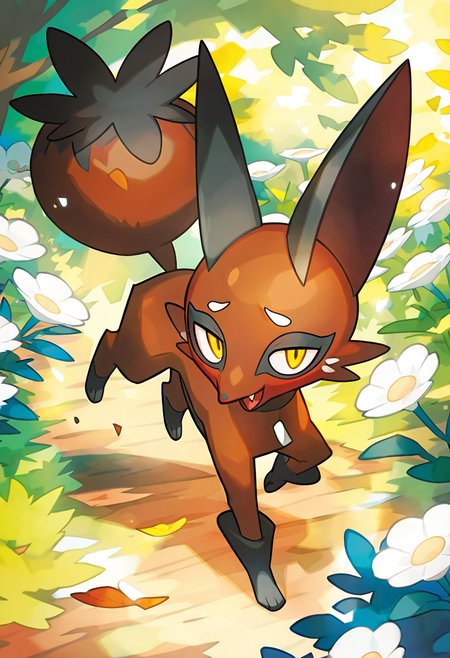 masterpiece, best quality, 1girl, solo, eyelashes, (beautiful eyes), looking at viewer, smile,     zzNickit, flower, full body, official art, pokemon tcg, saitou naoki, third-party source, yellow eyes, open mouth, standing, outdoors, day, fang, leaf, grass, white flower, running,  <lora:NickitPokedex_IXL_v1:1.0>,