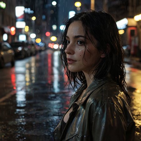 in a city at night, rain, artificial light, puddles