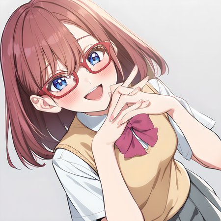 amano_ririsa, 1girl, solo, glasses, skirt, school uniform, white background, shirt, own hands together, bow, simple background, open mouth, smile, grey skirt, blush, red-framed eyewear, sweater vest, short hair, maroon hair, five finger<lora:XL-AmanoRirisa:1>
