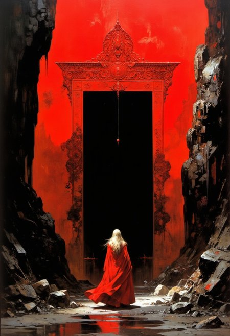 A high-quality, zoomed out, panoramic, atmospheric classic painting depicting a lone female figure with long blonde hair. She is standing in a dark narrow rocky pathway leading to a dark rectangular entrance set into an epic scale  gargantuan bright red rock, which is decorated with zentangle-like carvings. The female figure is cloaked in a long red flowing coat and has her back turned to the viewer whilst facing the huge red rock. The lighting is dramatic enhancing the enigmatic scene and the eerie in mysterious haze drenched atmosphere. Finest details, ultimate detail level, masterpiece, highly artistic, best composition.