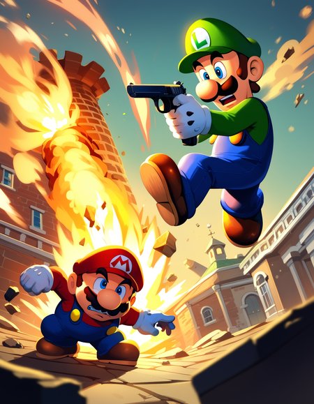 score_9, score_8_up, score_7_up, score_6_up, score_5_up, score_4_up
<lora:mario_universe-v6_pdxl:0.5> 2boys, explosion, bank, official nintendo style
BREAK
mario, worried, constricted pupils
BREAK
luigi, green shirt, green hat, confident, holding gun, aiming