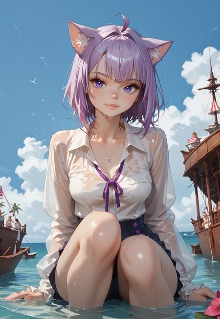 score_9, score_8_up, score_7_up, c3l3st3n01r, CelesteNoir, source_anime, zPDXL3, 1girl, solo, ((cute kitty expression:1.3), hololive), okayuBase, short hair, purple eyes, purple hair, cat ears, cat tail, ahoge, skindentation, one foot up, smooth image, cute, petite, slim, skinny, slender, soft lights, leaning on knee, soft shadows, shiny skin, thin waist, Expressiveh, side view, (dripping wet, crystal clear water, partially submerged:1.1), cat paw flag on mast, pirate ship with cat paw flag in background, tropical island, 