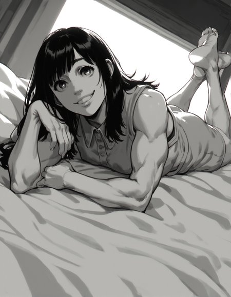 score_9, score_8_up, score_7_up,score_6_up,high resolution,mtskyamd,1girl,monochrome,grayscale,black hair,long hair,bangs,sleeveless shirt,barefoot,smile, volumetric lighting,rim lighting,dof,dramatic shadow,laying,in bed,on stomach,pov