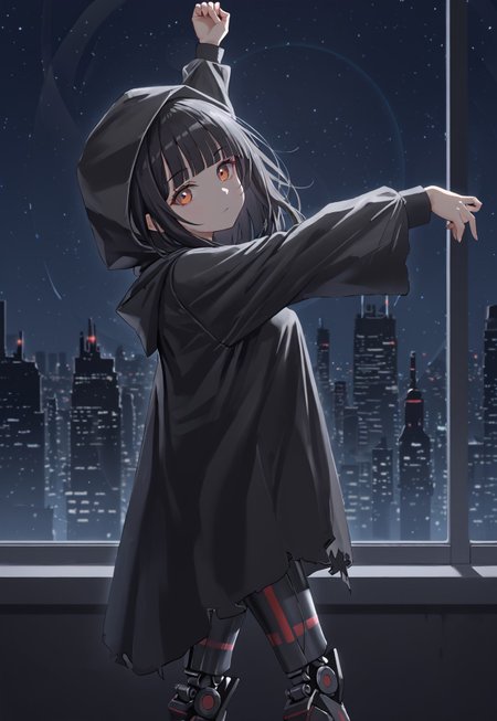IsomerMob, hood, hood up, cloak, black hair, bangs, hooded cloak, red eyes, mechanical legs, long hair, black cloak, blunt bangs, long sleeves,

looking at viewer, head tilt, arms up, from side, stretching,

window, cityscape, cyberpunk, city, dark, night, night sky, 

1girl, solo, solo focus, highres, absurdres, light particles, shade, lens flare, shiny skin, fine fabric emphasis,