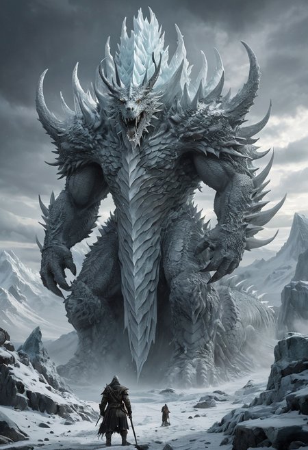 Digital Art set in a Dark fantasy and Epic Fantasy context, featuring a gigantic creature, known as Xixecal, standing at an astounding height of over 100 feet, constructed entirely of ice and stone. This colossal being towers over a barren, frost-whitened wilderness, its form eternally encompassed by a violent blizzard. Ancient, alabaster-colored dragons whirl around this behemoth, with some choosing to rest on its imposing shoulders. The terrain under the Xixecal is fracture-split and enveloped by a sheet of thick frost, littered with reminders of battle waged in antiquity—fractured weapons, icy remains of deceased warriors, and the frosty after-effects of powerful magic spells. The overall scene exudes a feel of old, primordial might and an oppressive chill, enhanced by a sinister, ominous sky, suggestive of an unending winter.