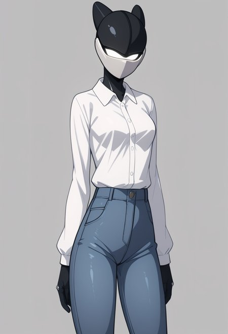score_9, score_8_up, score_7_up, score_6_up, score_5_up, score_4_up, 
1girl, BC-1, arms_at_sides, blue_pants, breasts, buttons, collared_shirt, cowboy_shot, denim, dress_shirt, grey_background, long_sleeves, medium_breasts, pants, shirt, simple_background, solo, standing, white_shirt, BC-1 robot in a white shirt and blue pants, fullbody, a character portrait, BC-1 helmet,  <lora:BC-1_V2_r1:1>