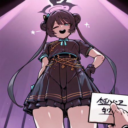 masterpiece, best quality,
 <lora:doppel:1> d0pp3l, Kisaki_(Blue_Archive), black idol clothes, smiling, winking, POV, low angle, on stage, far view, ((Left hand) hand on hips, ((right hand)) holding sign with sign "Need Buzz"