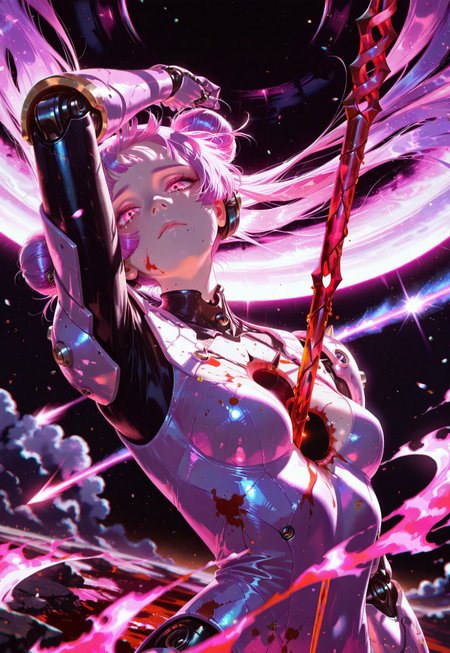 Mars /(planet/), 1girl, upper body, ((hole in chest)), mechanical arms, BREAK Mars background, on Mars, spirit girl, dynamic pose, pink flame, double buns, black hole glow, convenient censor, burning pheonix ears, arm up, arm bend, sad face, pained expression, soft skin,toned, blood splatting, head back, mole under mouth, mechanical armor, tears, hime cut, pink eyes, blood on chest,  magenta hair, spear in chest hole, spear piercing chest, ((spear of longinus)), holding spear, hand on spear, white purple flare, comet, pink flare, 

dynamic angle, head tilt, looking at viewer, masterpiece, very aesthetic, absurdres, best quality, amazing quality, chromatic aberration, raytracing, Chiaroscuro Lighting Style, drastic contrast, dramatic lighting, ambient occlusion, usnr, rltstc, #nyalia,