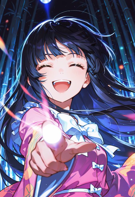embedding:lazypos,
1girl, Houraisan Kaguya,
upper body,
brown eyes, black hair, long hair, pink shirt, long sleeves, wide sleeves, white bow, sleeve near own jaw,
looking at viewer, laugh, happy, open mouth, closed eyes, (teary:0.8),
bleeding head, wounds, ton clothes,
pointing at viewer,
correct fingers, 
in a bamboo forest,
front view, Dutch angle shot, dynamic pose, dynamic angle,
pastel colors, gradient color, soft fill light, (ambient light), (dynamic light), vivid colors, high contrast, 
night, (blue light:1.1), soft lighting,
raytracing, light particles, floating particle light, gradient color,
shinny, glitter,
close up, extremely close-up shot, <lora:TrendCraft_The_Peoples_Style_Detailer-v1.0A-3_13_2025-NoobVPRED:0.1>