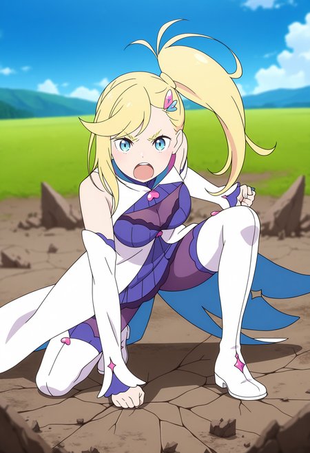 anime screencap, masterpiece, best quality,
<lora:ReZero_Minerva_IlluXL:0.9>,
1girl, solo, open mouth, v-shaped eyebrows,
asymmetrical hair, swept bangs, high side ponytail, long hair, blonde hair, blue eyes, hairclip,
bare shoulders, high collar, brooch, sleeveless coat, open coat, white coat, short dress, purple dress, detached sleeves, white sleeves,
thighhighs over pantyhose, purple thighhighs, thigh boots, white footwear,
clenched hands, superhero landing, on one knee, looking at viewer, full body,
ground shatter, cracked floor, grass, blue sky, photo background, blurry background