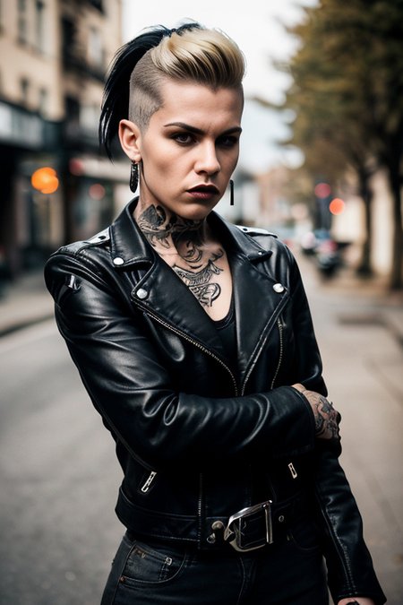 up angle from waist up, portrait photo showing a female biker on a street, leather jacket, tattoos and piercings. Contrasting light from one side. Side cut hair. Blonde hair. (posing:1.3),  she says "Fuck you!", aggressive outlook, dangerous lady.