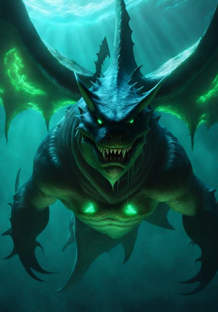 cinewow,demon,fel, illidan stormrage shark,animal,glowing effects,glowing eyes,underwater,masterpiece,awardwinning,8k,epic,cinematic,trending on artstation, <lora:cinewow-step00000300:0.9>
