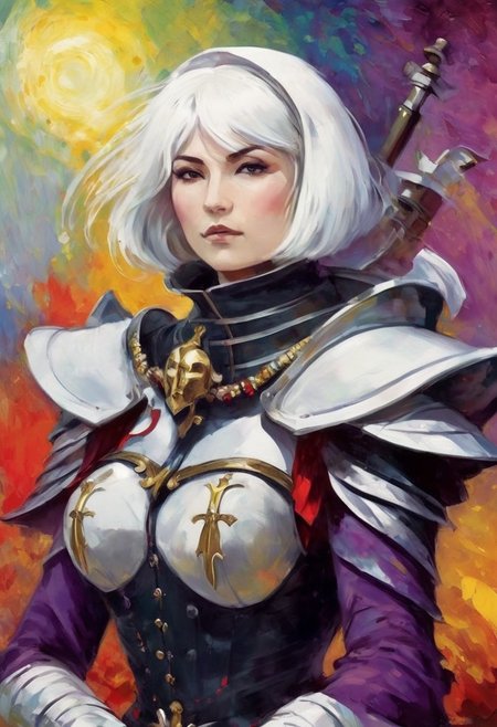 Fauvism Art of warriror nun lady, adepta sororitas, adepta sororitas armour, short white hair, in dreamlike scenery, whirling colours,, rpg, gothic, medieval, dark, painterly, bold colors,