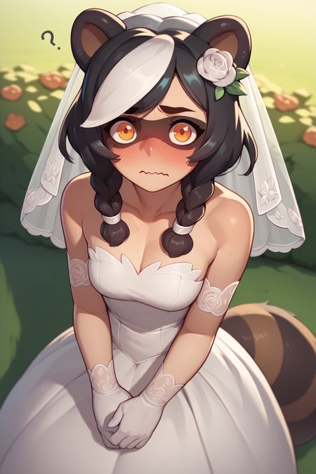 score_9, score_8_up, score_7_up, 1girl, solo, <lora:mixp_pd_glora:1> raccoon girl, raccoon tail, raccoon ears, black hair, white hair, multicolored hair, orange eyes, bridal dress, confused, wavy mouth, heavy blush, POV, looking at the viewer, twin braids, outdoors, bridal veil