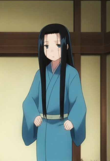 Masterpiece, Top Quality, source_anime, anime screencap, source_anime, auratheguillotine, anime screencap, masterpiece, source_anime, shiny skin,,,,anrakutei, blue_eyes, black_hair, very_long_hair, blue_kimono, long_sleeves, wide_sleeves,